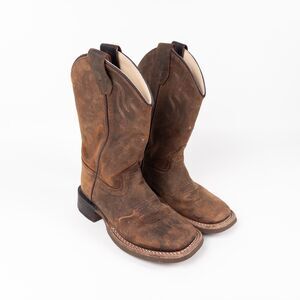 Old West Kids Square Toe Cowboy Boots Leather Brown Size 12C Western Pull On